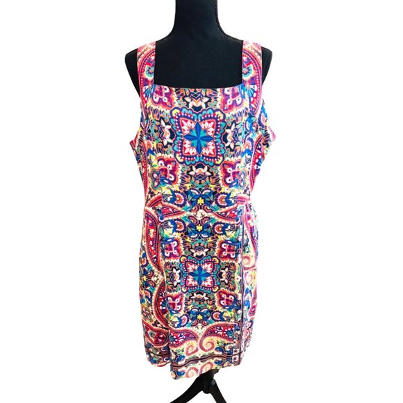 Lands End 100% Linen Apron Dress Pockets 14 Multicolor Paisley Floral Office Chu - Picture 2 of 11